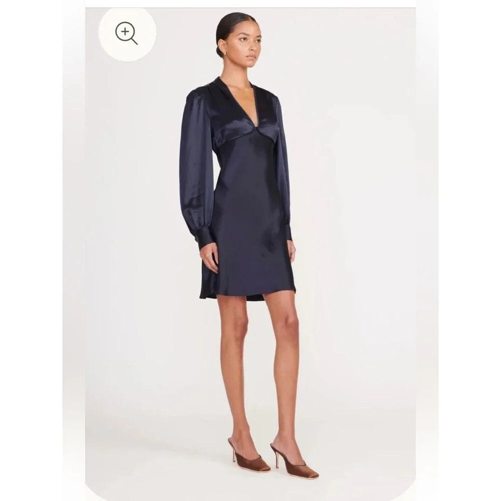 STAUD Navy Satin V-Neck Long-Sleeve Mini Dress - Picture 3 of 10